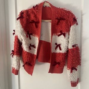 CHRISTMAS SWEATER PINK RED WHITE CANDY CANE STRIPES BOWS FESTIVE